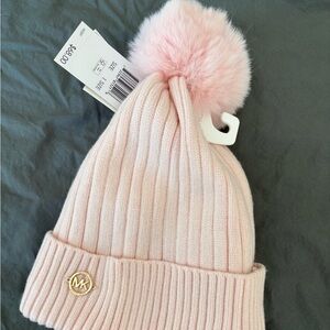 Michael Kors Womens Pink Ribbed Pom Pom Beanie Hat Fleece Lined